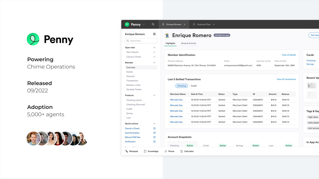 Penny application showing a member overview with transactions and identification details.
