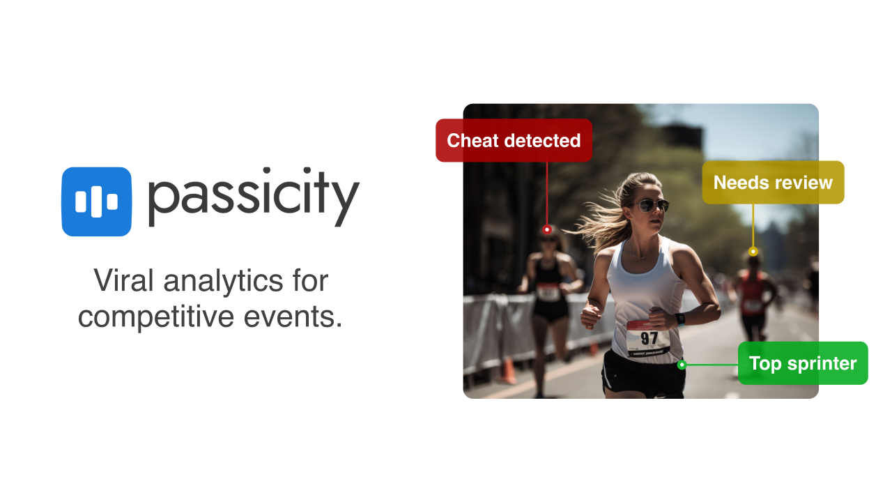 Passicity marketing card showing a runner with analytics callouts and the Passicity logo.